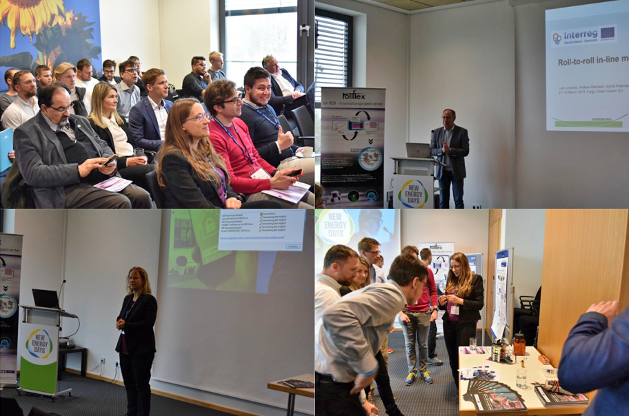 Impressions from the workshop: Top left the audience during the talks, top right and bottom left the speakers Prof. Martina Gerken from Kiel University and Lars Lindvold from Stenborg and top right the participants looking at the exhibits.